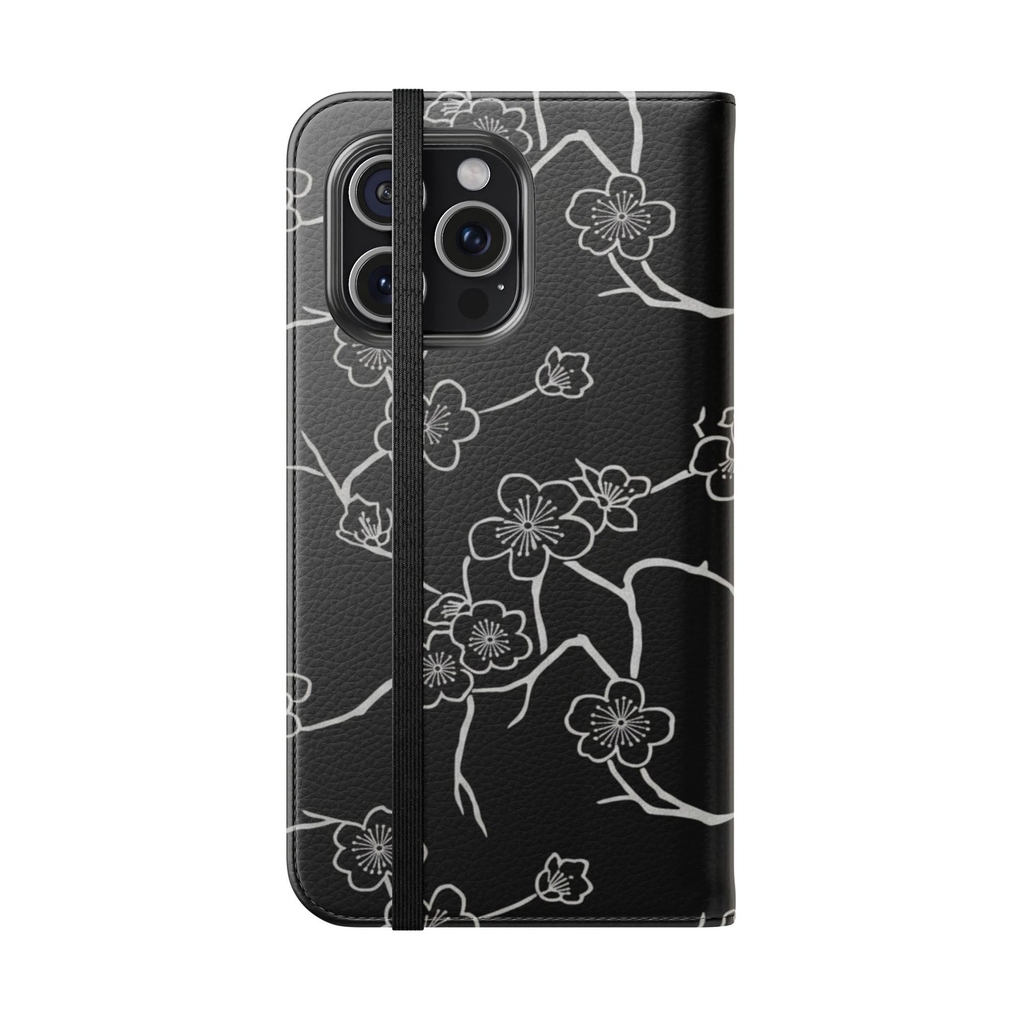 Black Cherry Blossom Flip Phone Case – Floral Wallet Flip Case with Card Slots