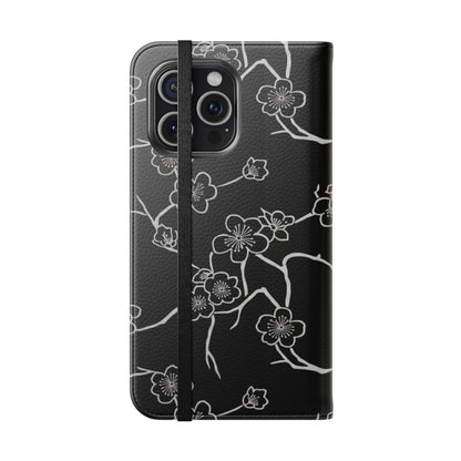 Black Cherry Blossom Flip Phone Case – Floral Wallet Flip Case with Card Slots