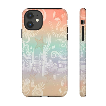 Tough Cases: Pastel Beach Pattern Phone Case — Starfish & Coastal Cityscape Protective Cover