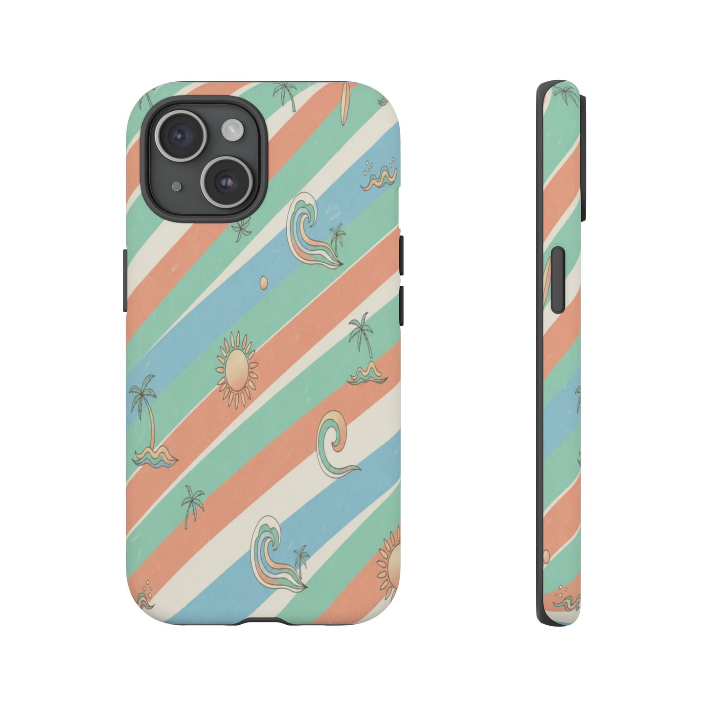 Retro Beach Stripes Phone Case — Sun, Waves & Palm Pattern Tough Case