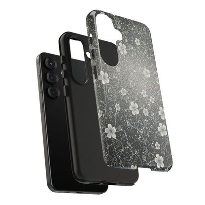 Floral Sparkle Tough Phone Case — Black & Silver Vintage Blossom