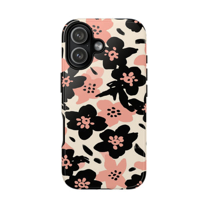Floral Phone Case — Pink & Black Retro Blossom Protective Cover