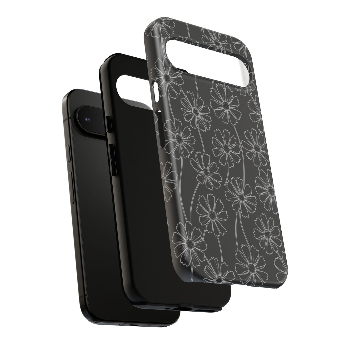 Floral Doodle Tough Phone Case — Black & Gray Daisy Pattern