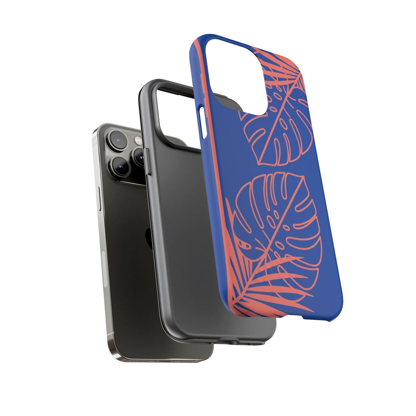 Tropical Monstera Phone Case — Blue & Coral Leaf Protective Cover