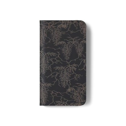 Botanical Noir Flip Phone Case — Dark Floral Wallet Cover with Card Slots