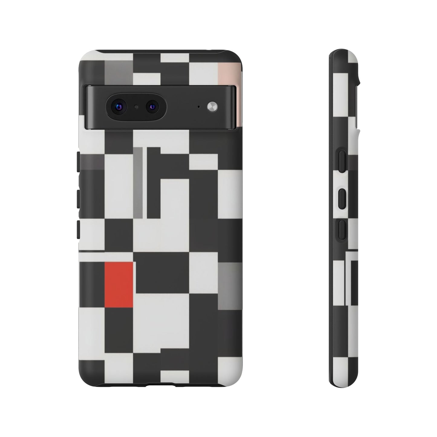 Abstract Geometric Phone Case – Black & White Checker Grid with Red Accent