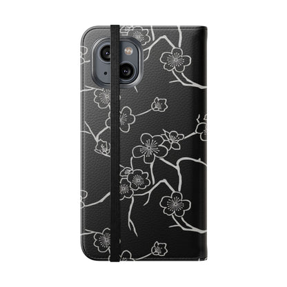 Black Cherry Blossom Flip Phone Case – Floral Wallet Flip Case with Card Slots