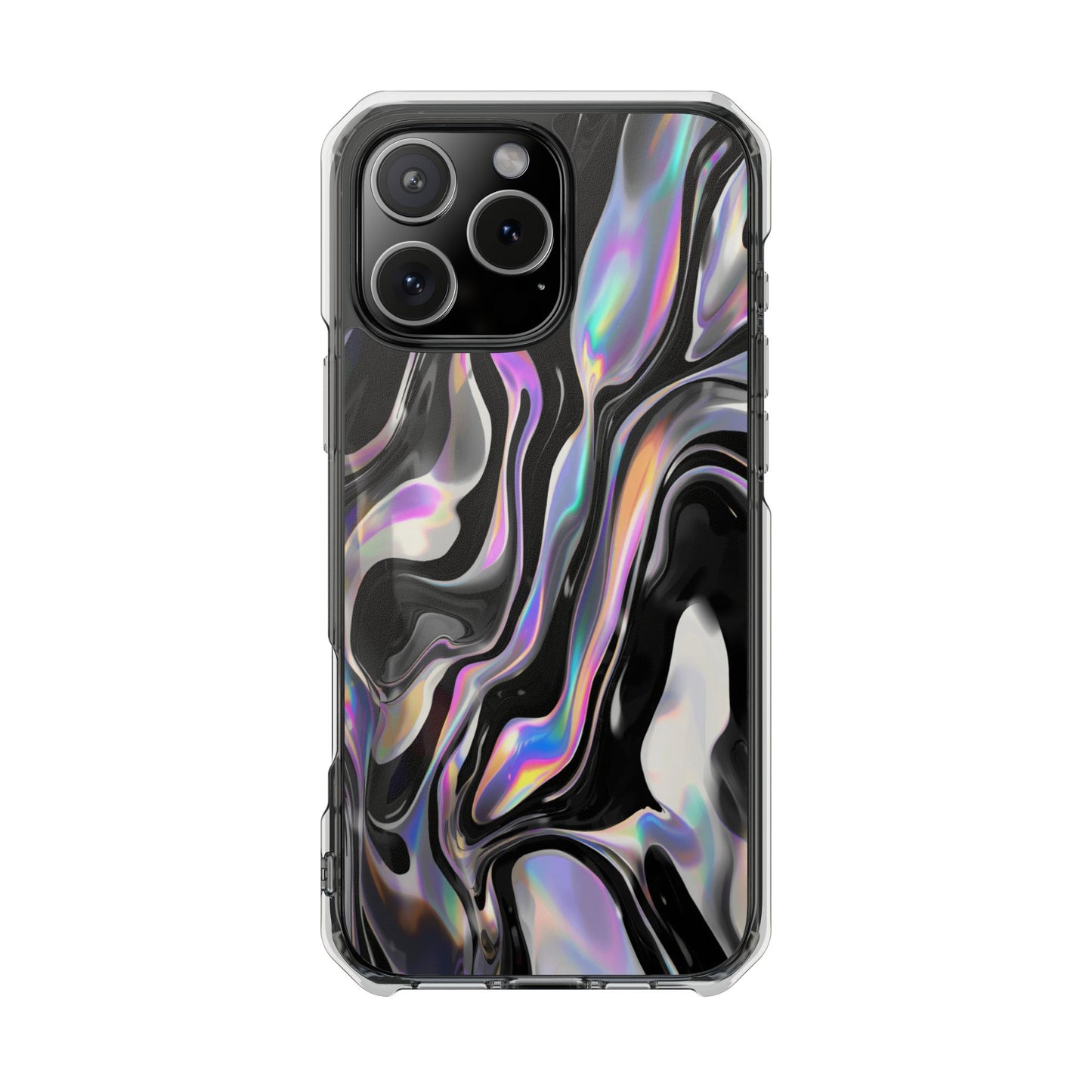 Magnetic Clear Impact Phone Case — Iridescent Black Marble Design