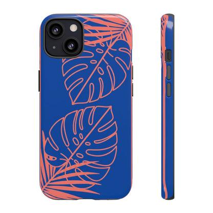 Tropical Monstera Phone Case — Blue & Coral Leaf Protective Cover