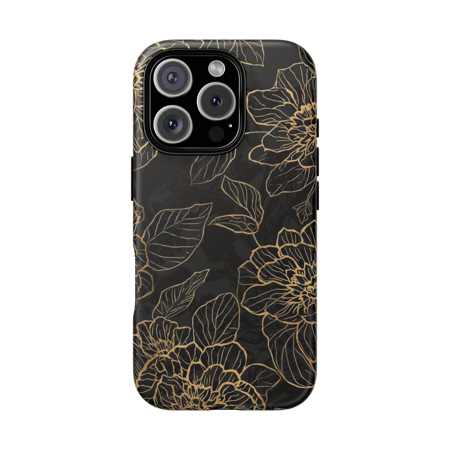 Floral Gold Outline Tough Phone Case – Black Botanical Protective Cover
