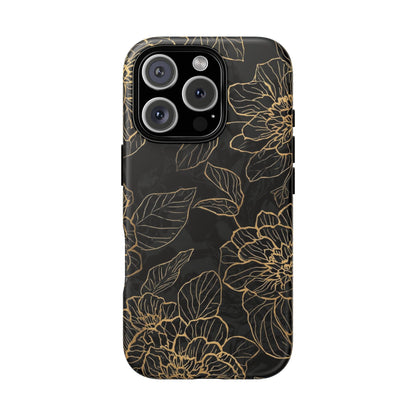 Floral Gold Outline Tough Phone Case – Black Botanical Protective Cover