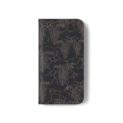 Botanical Noir Flip Phone Case — Dark Floral Wallet Cover with Card Slots