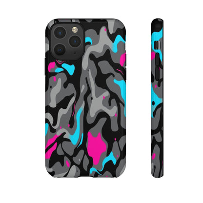 Camouflage Phone Case — Gray Camo with Neon Pink & Cyan Accent Tough Protective Cover
