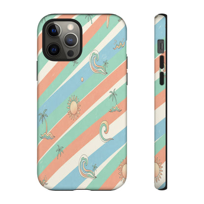 Retro Beach Stripes Phone Case — Sun, Waves & Palm Pattern Tough Case