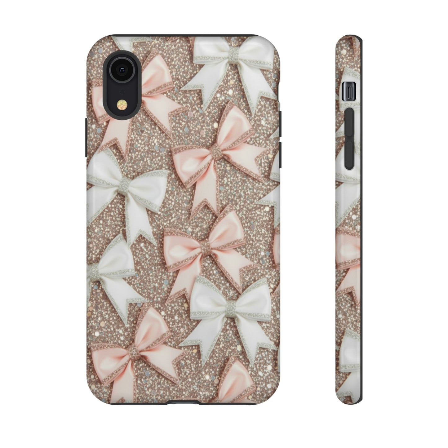 Glitter Bow Tough Phone Case — Pink & White Ribbon Protective Cover