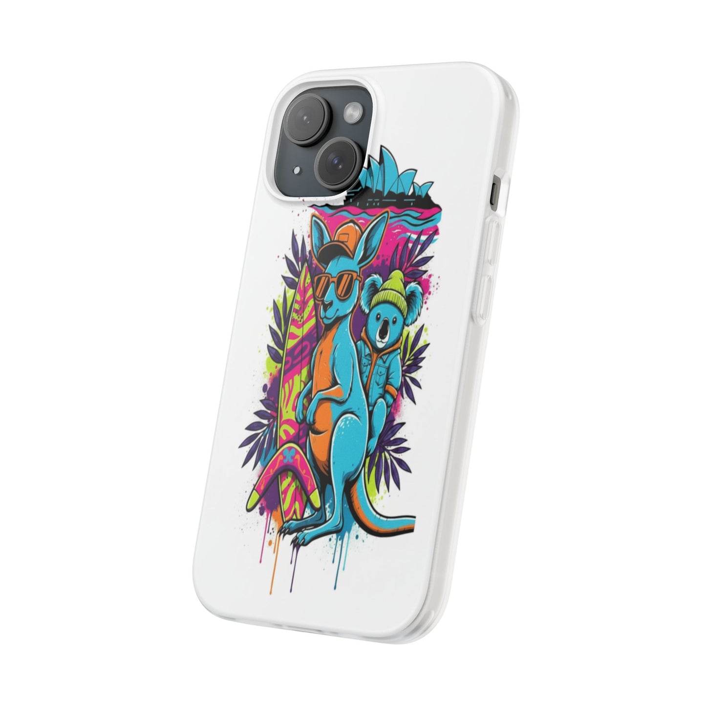 Kangaroo & Koala Surf Phone Case — Neon Aussie Beach Vibes Flexible Case