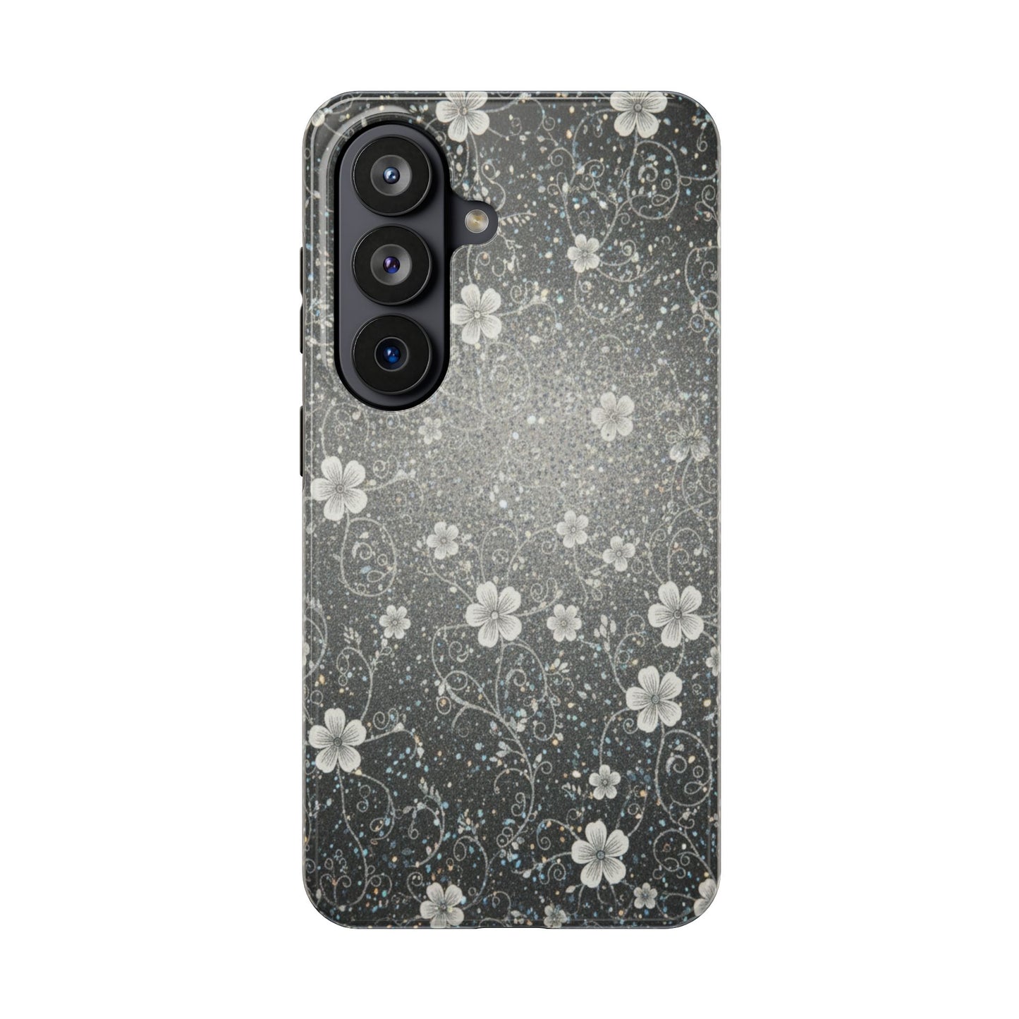 Floral Sparkle Tough Phone Case — Black & Silver Vintage Blossom