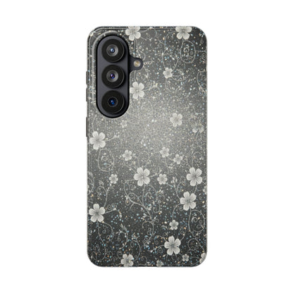 Floral Sparkle Tough Phone Case — Black & Silver Vintage Blossom