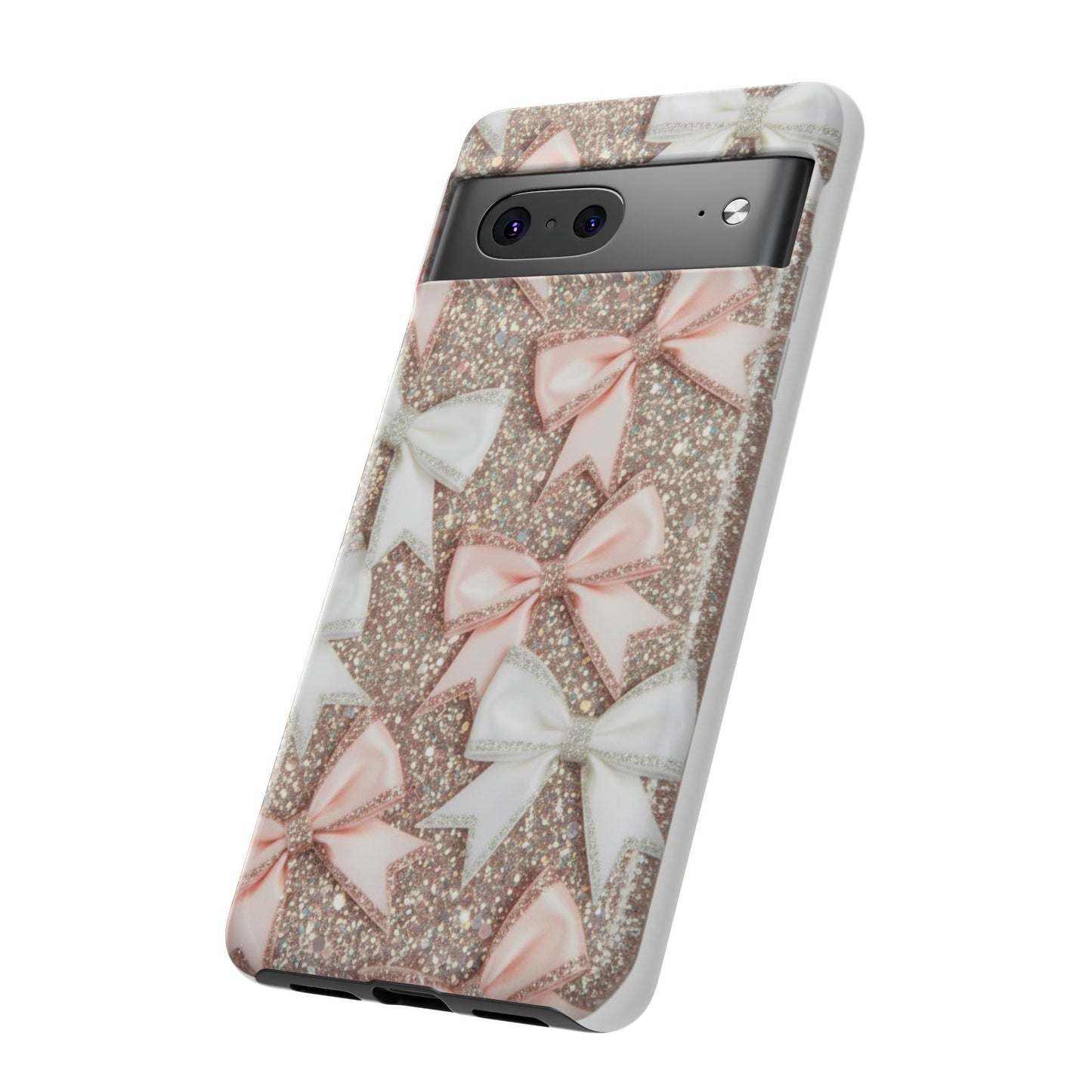 Glitter Bow Tough Phone Case — Pink & White Ribbon Protective Cover