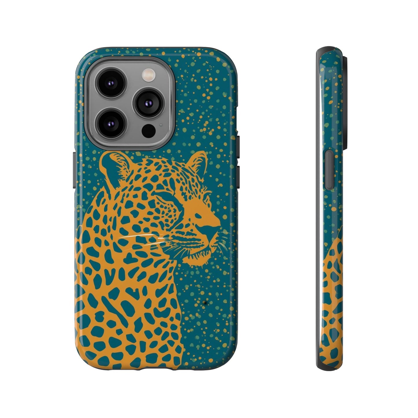 Leopard Spotlight Phone Case — Teal Gold Animal Print Protective Cover
