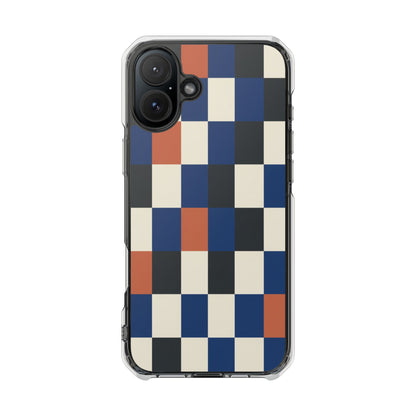 Clear Magnetic Phone Case — Retro Checkerboard Pattern (Blue, Black & Rust)