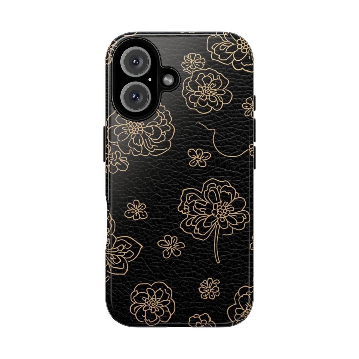 Floral Leather-Texture Tough Case – Black Gold Outline Phone Cover