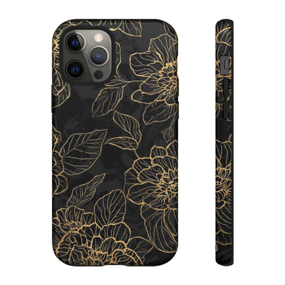 Floral Gold Outline Tough Phone Case – Black Botanical Protective Cover