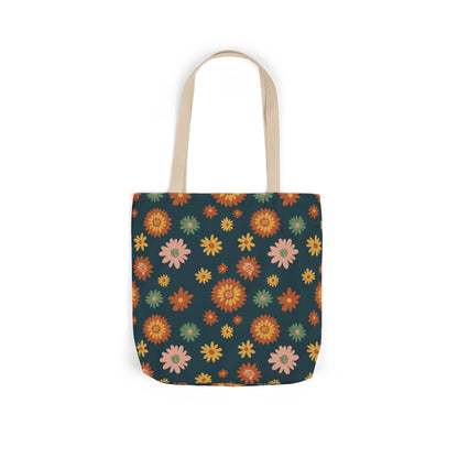 Retro Floral Canvas Tote Bag — Dark Green Sunflower Pattern