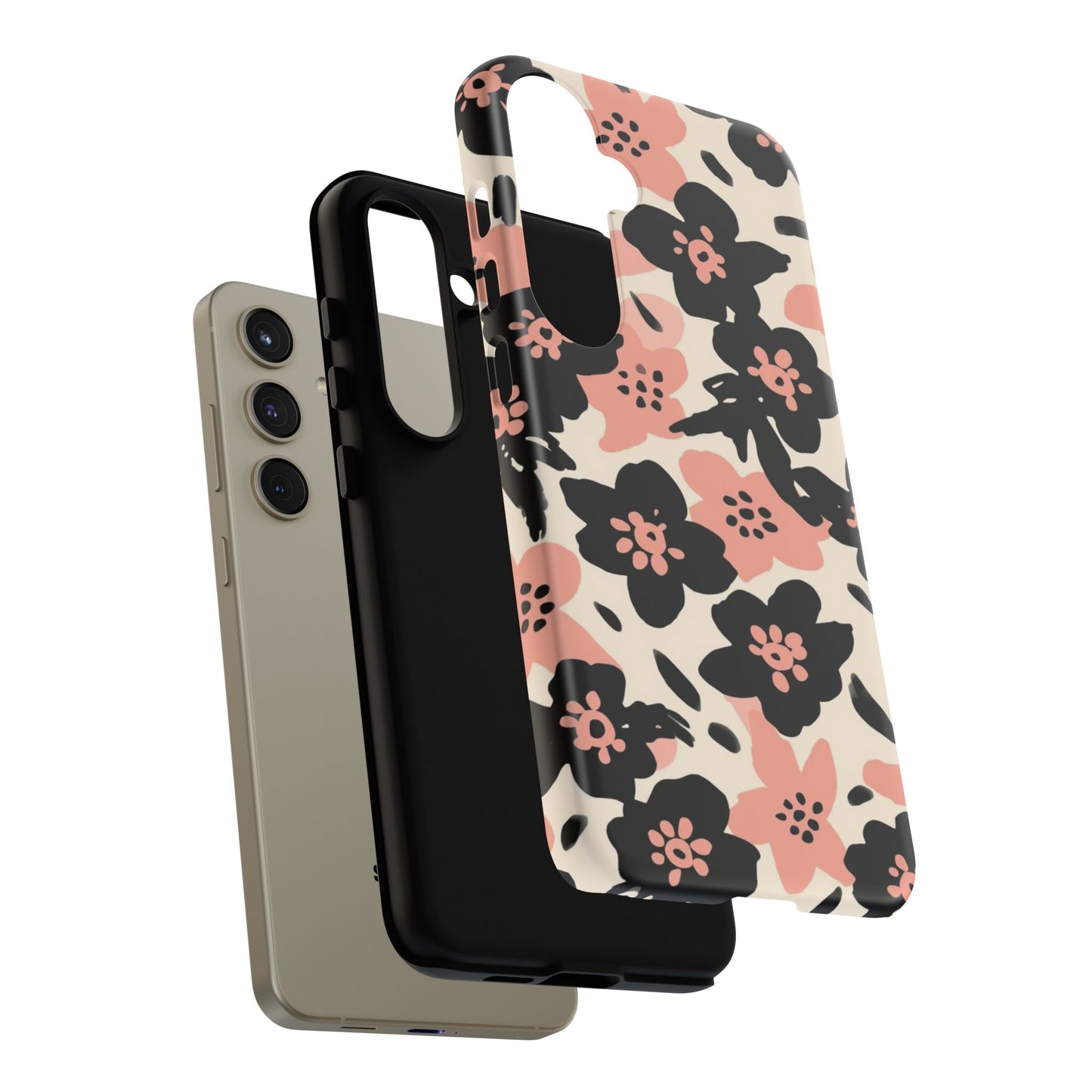 Floral Phone Case — Pink & Black Retro Blossom Protective Cover