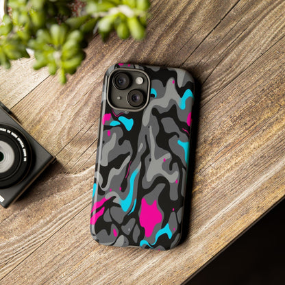 Camouflage Phone Case — Gray Camo with Neon Pink & Cyan Accent Tough Protective Cover