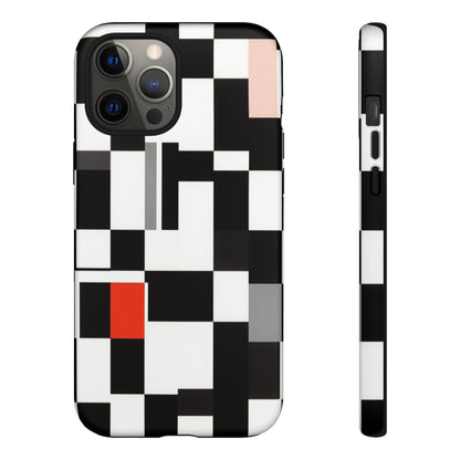 Abstract Geometric Phone Case – Black & White Checker Grid with Red Accent