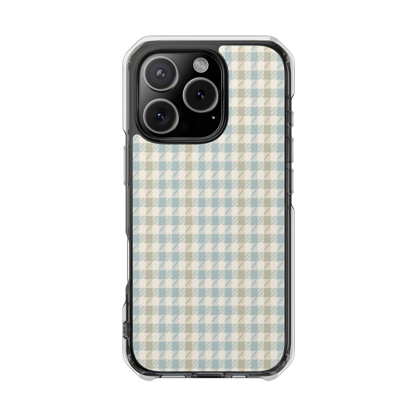 Clear Magnetic Phone Case — Pastel Blue Gingham Protective Cover
