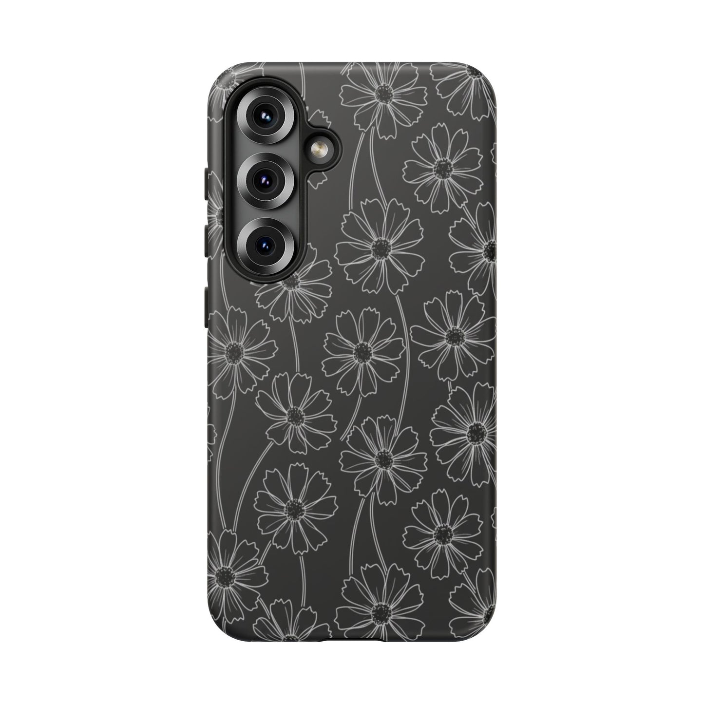 Floral Doodle Tough Phone Case — Black & Gray Daisy Pattern