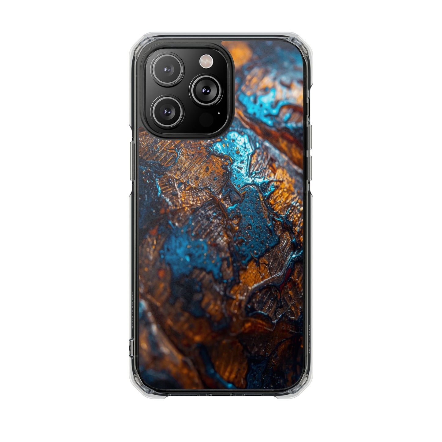 Magnetic Clear Phone Case — Blue & Copper Abstract Tortoise Impact Design