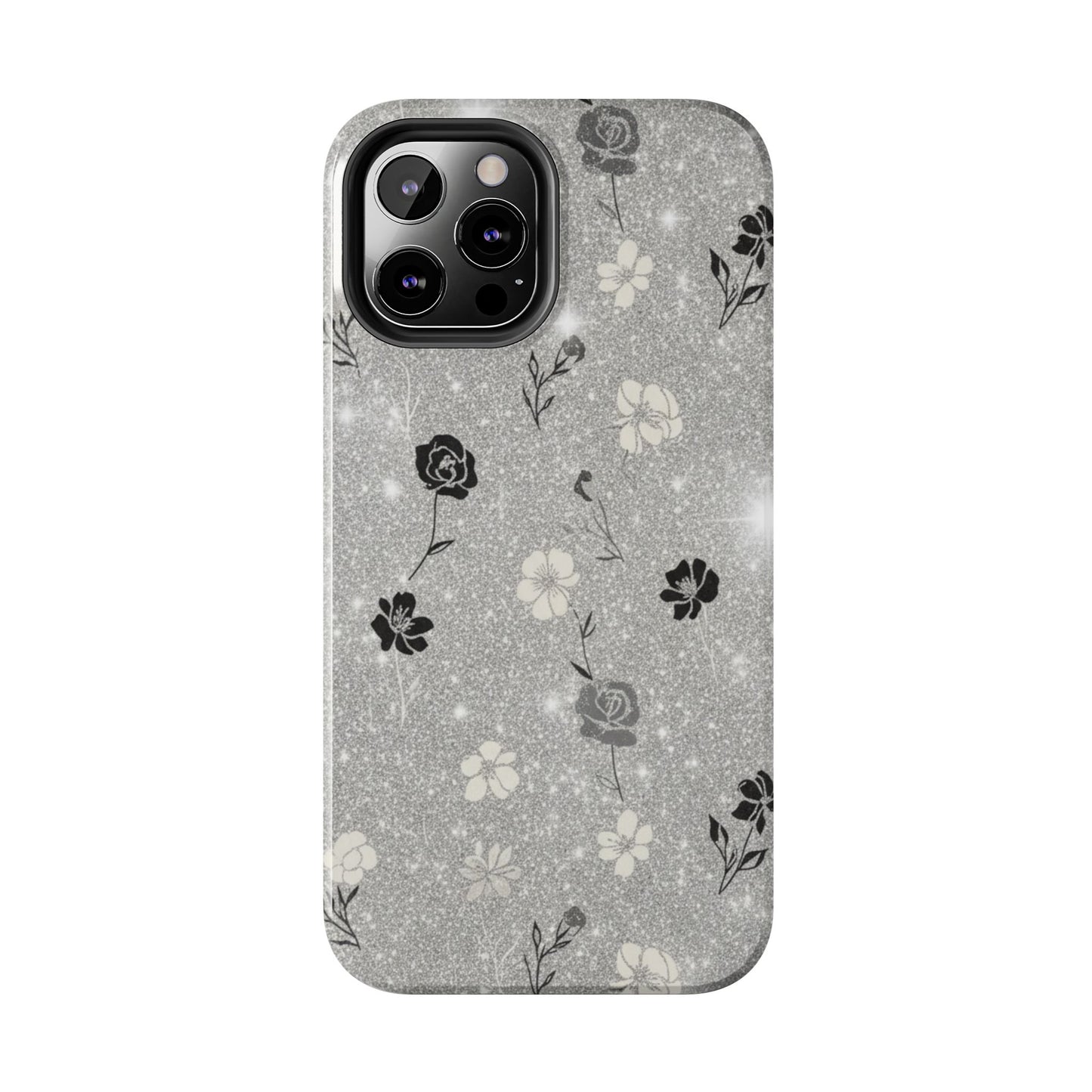 Floral Glitter Tough Phone Case — Black & Silver Vintage Flower Protective Cover