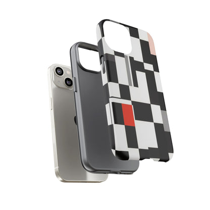 Abstract Geometric Phone Case – Black & White Checker Grid with Red Accent