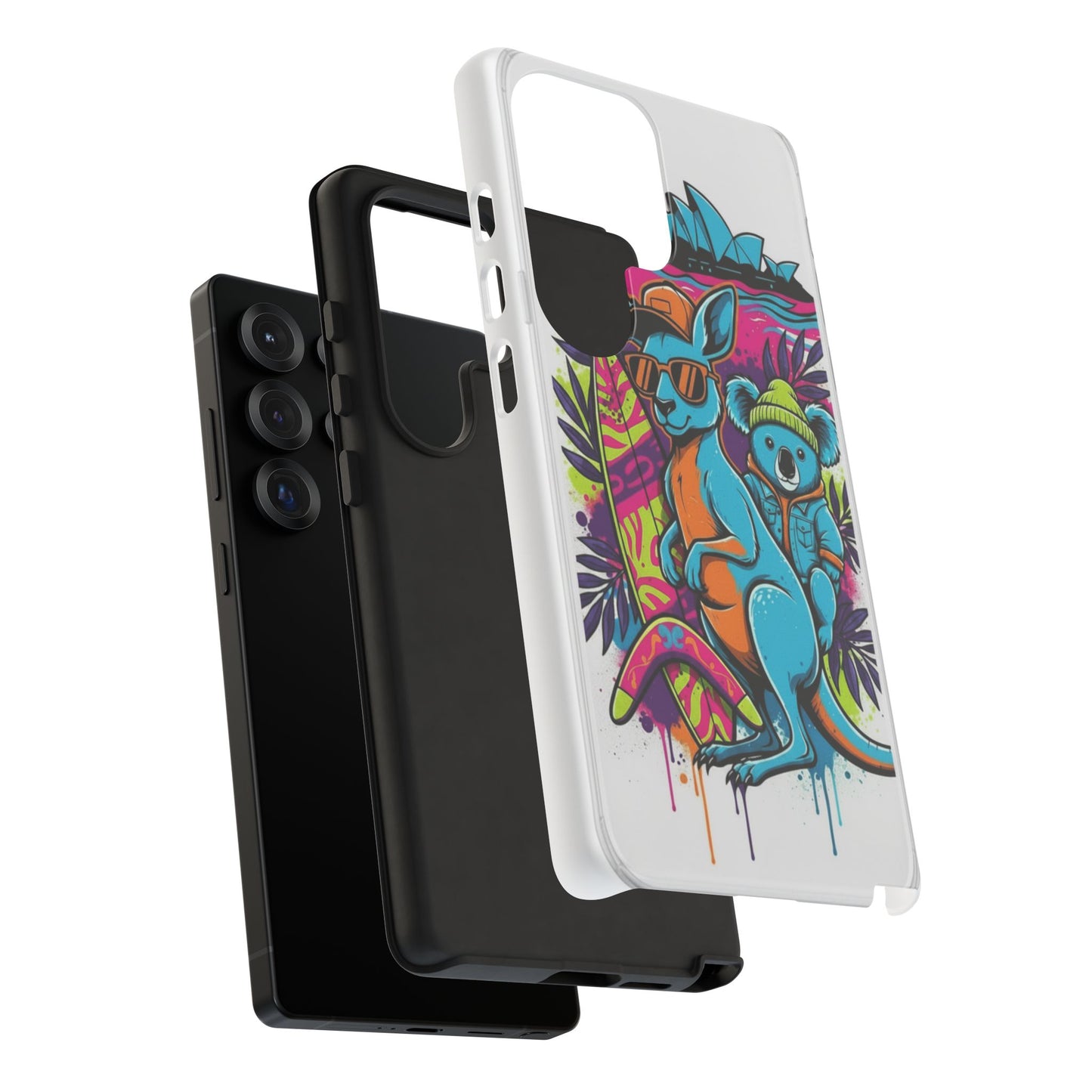 Kangaroo & Koala Surf Phone Case — Retro Neon Beach Art Tough Case