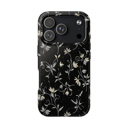 Floral Noir Tough Phone Case — Vintage Black Botanical Protective Cover
