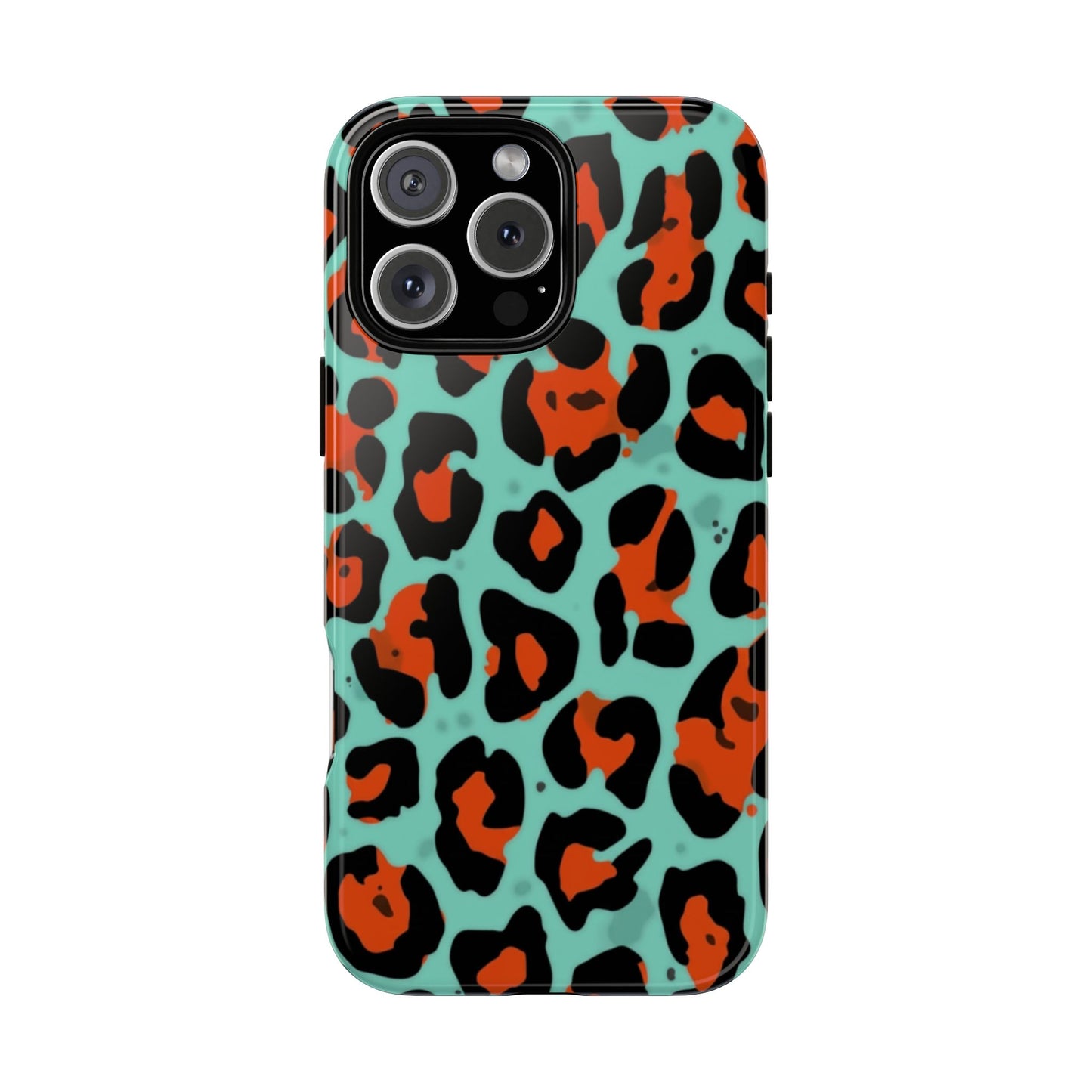 Leopard Print Tough Phone Case — Teal & Rust Protective iPhone Cover