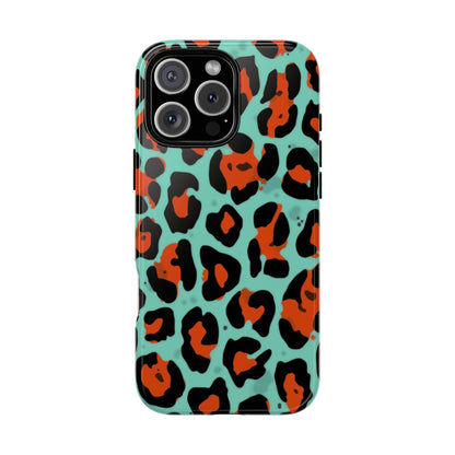 Leopard Print Tough Phone Case — Teal & Rust Protective iPhone Cover