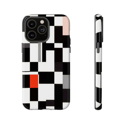 Abstract Geometric Phone Case – Black & White Checker Grid with Red Accent
