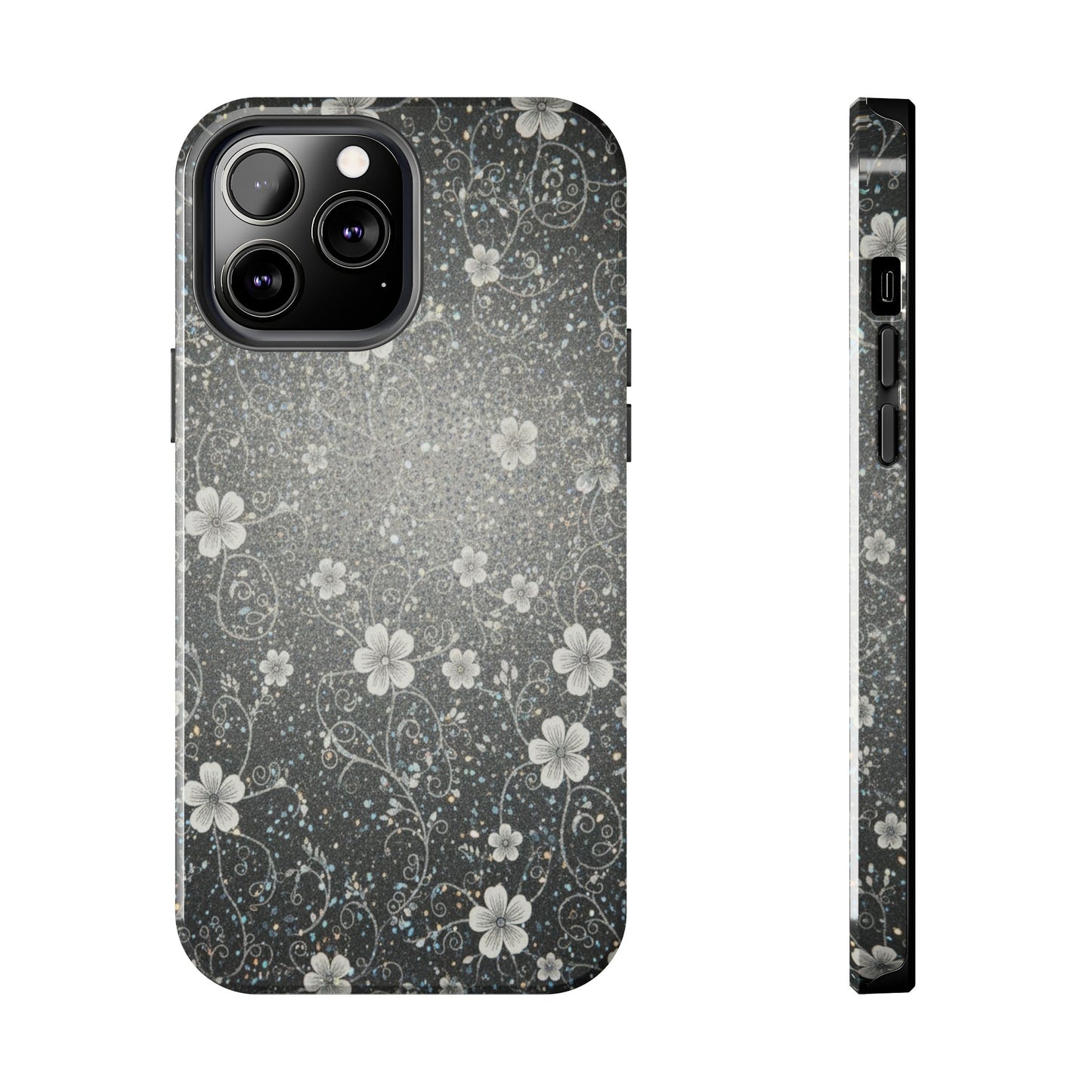 Floral Sparkle Tough Phone Case — Black & Silver Vintage Blossom