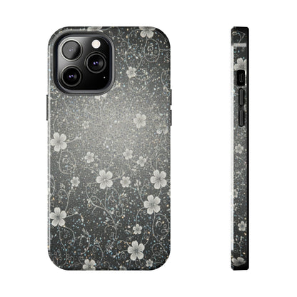 Floral Sparkle Tough Phone Case — Black & Silver Vintage Blossom