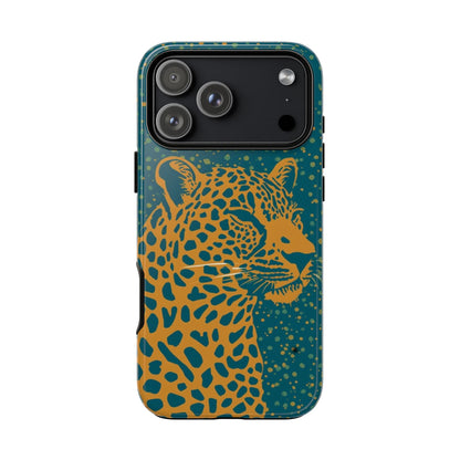 Leopard Print Tough Phone Case — Gold Panther on Teal, Protective iPhone Cover