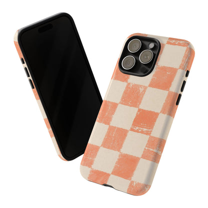 Peach Checkerboard Tough Phone Case — Retro Distressed Grid Design