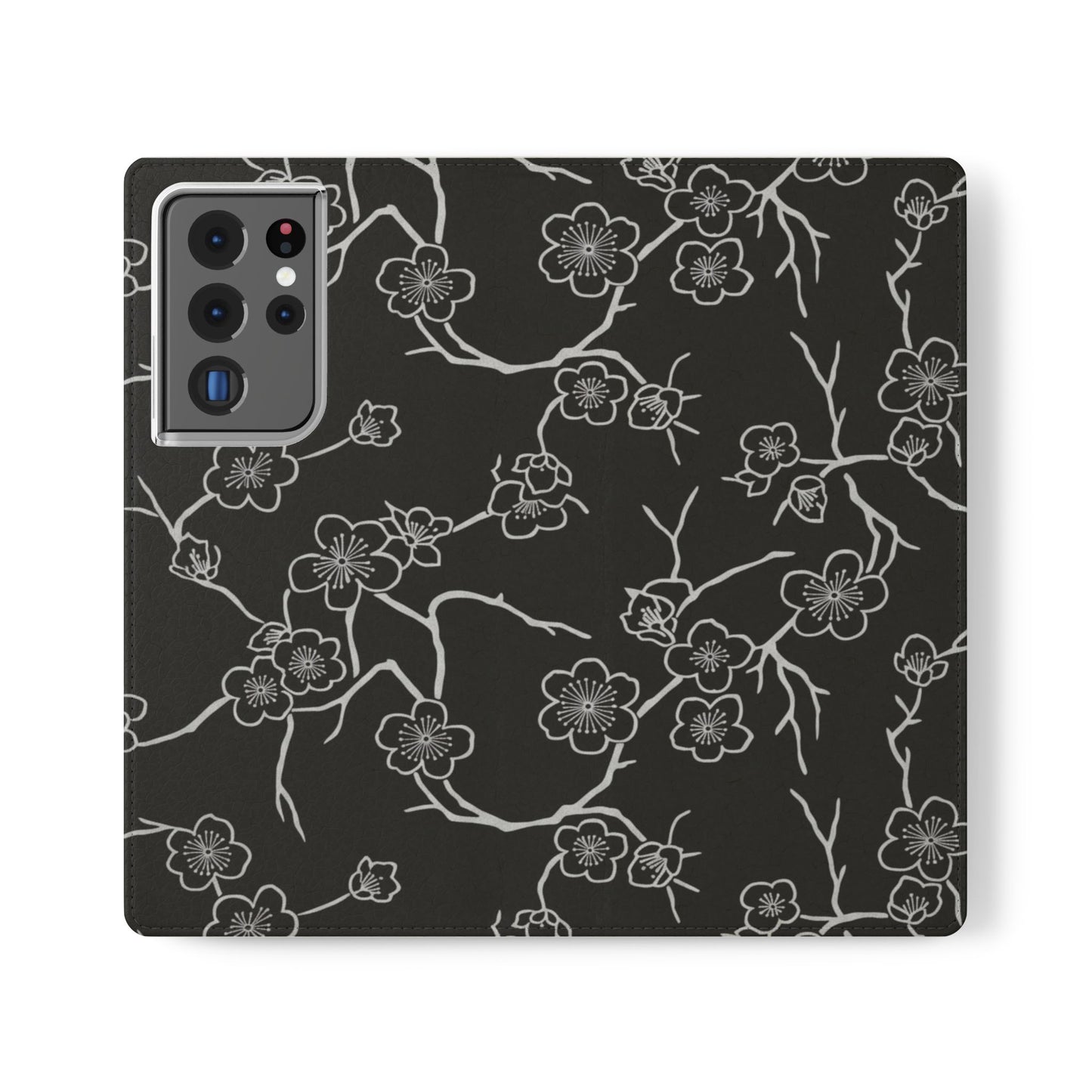 Black Cherry Blossom Flip Phone Case – Floral Wallet Flip Case with Card Slots