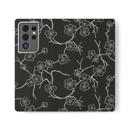 Black Cherry Blossom Flip Phone Case – Floral Wallet Flip Case with Card Slots