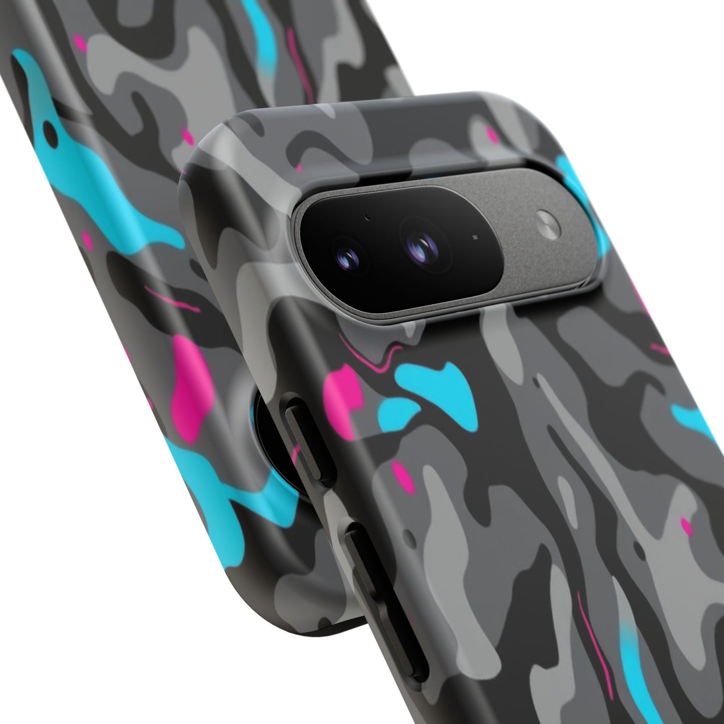 Camouflage Phone Case — Gray Camo with Neon Pink & Cyan Accent Tough Protective Cover