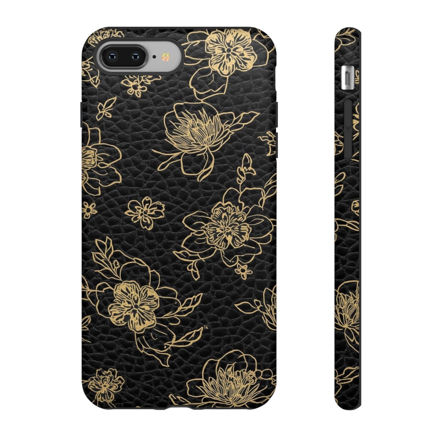 Floral Leather Phone Case — Gold Outline Flowers on Black Tough Case