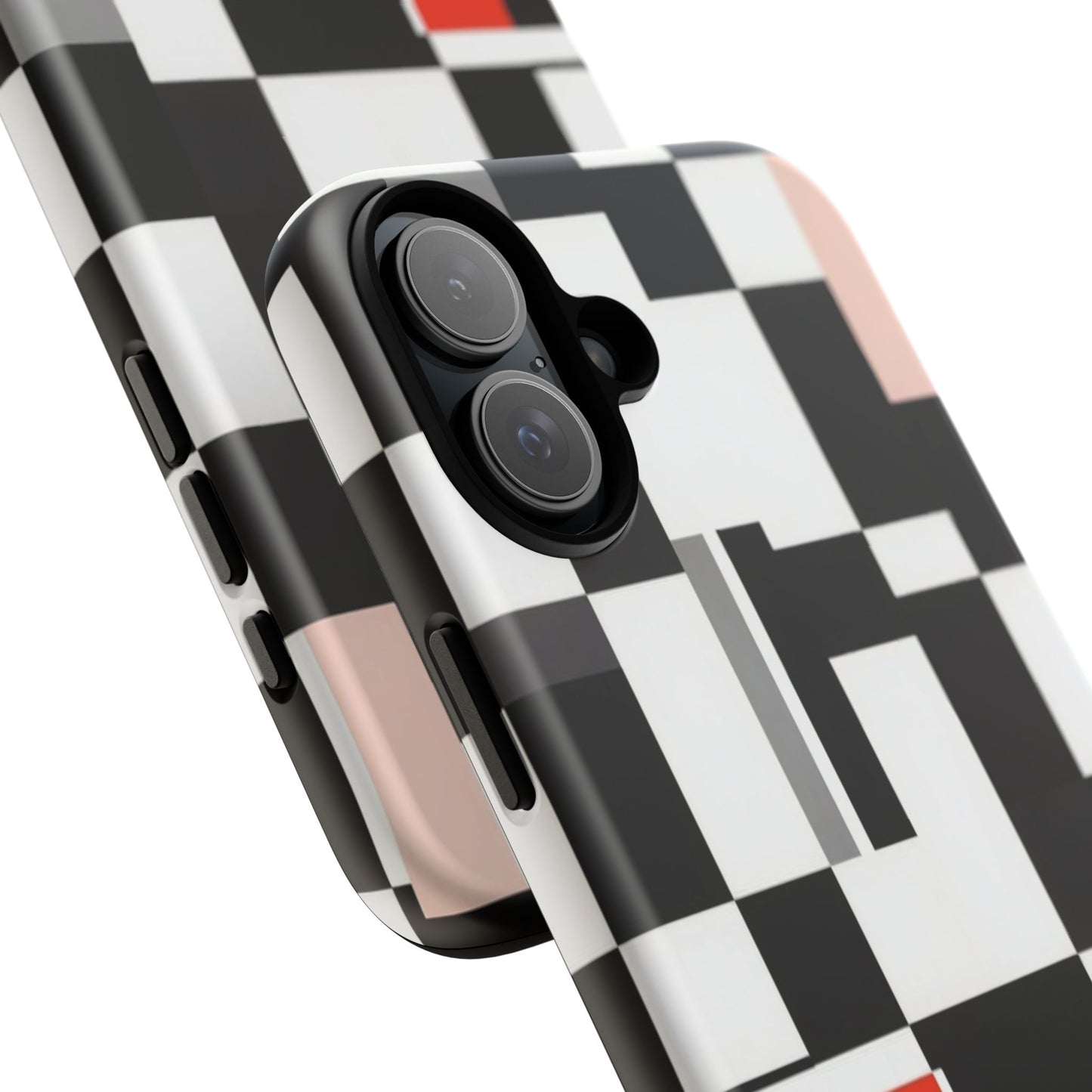 Abstract Geometric Phone Case – Black & White Checker Grid with Red Accent